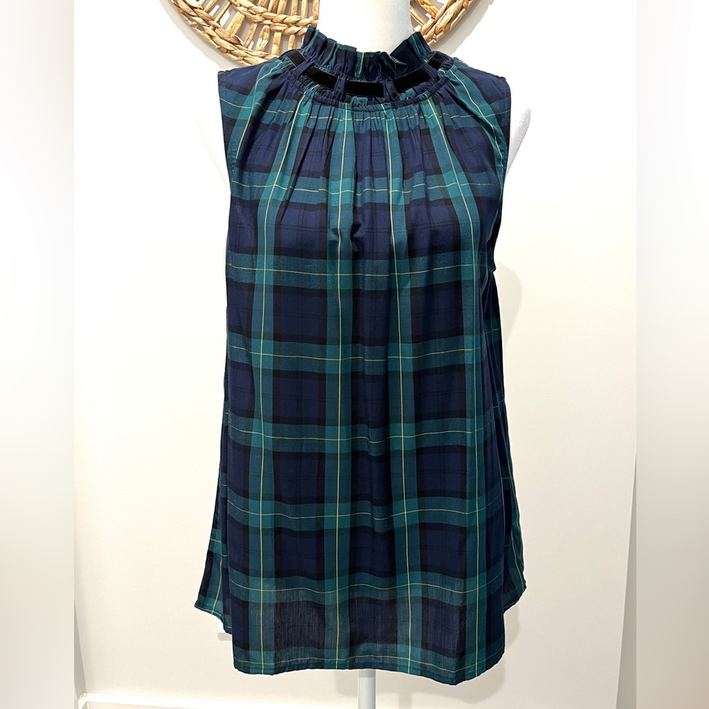 Sleeveless Plaid Blouse w/ Velvet Trim & Decorative Button - Petite Med - NWT